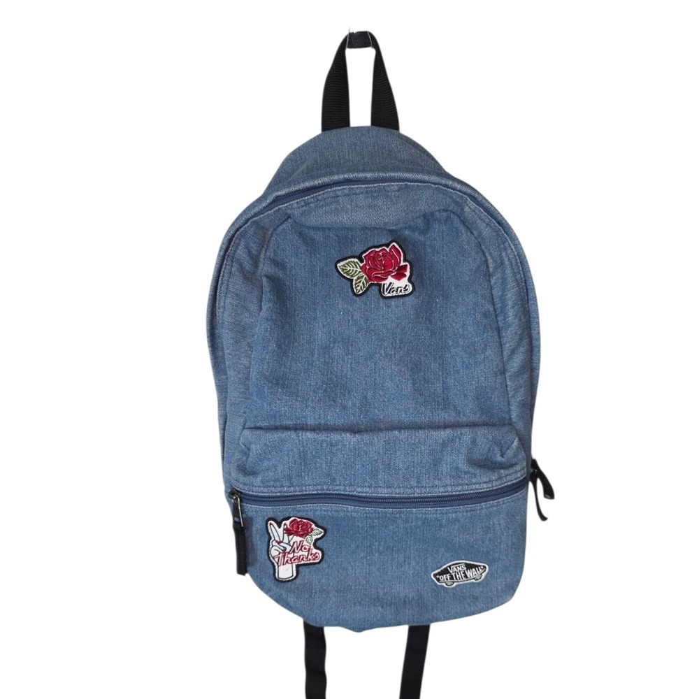 Vans Off The Wall Denim Backpack Blue Rose Patch School Travel One Size